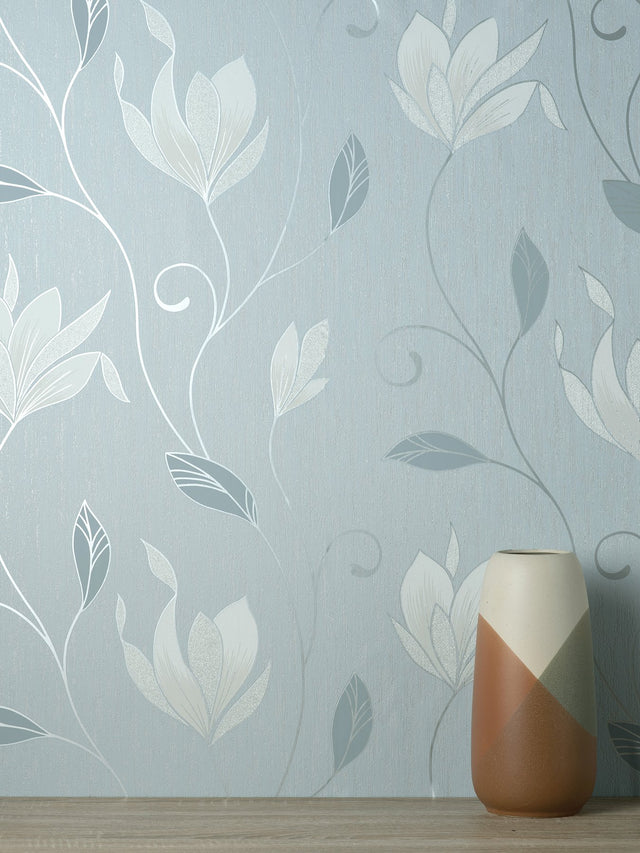 Synergy Light Blue Floral Wallpaper with Metallic Farmhouse Botanical Pattern - Fine Decor M1740