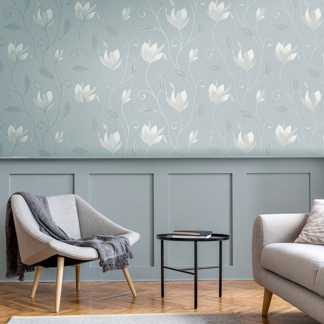 Synergy Light Blue Floral Wallpaper with Metallic Farmhouse Botanical Pattern - Fine Decor M1740