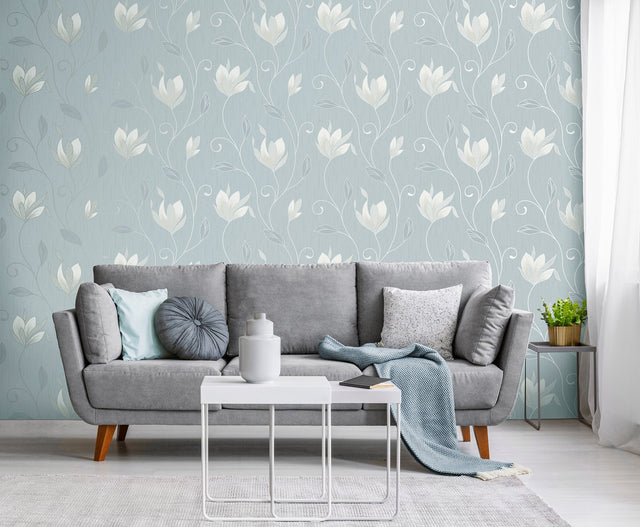 Synergy Light Blue Floral Wallpaper with Metallic Farmhouse Botanical Pattern - Fine Decor M1740
