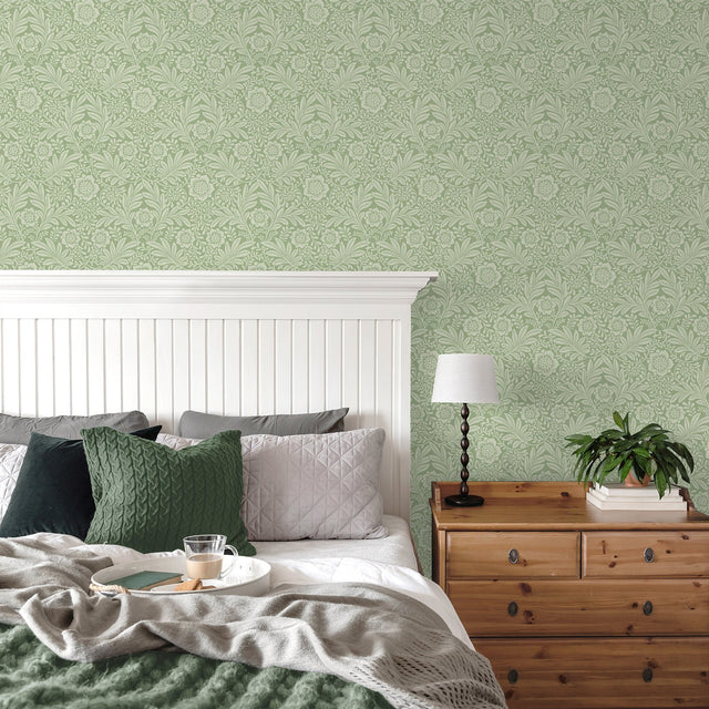 Camille Sage Damask Wallpaper with Botanical Traditional Motif - Fine Decor M1744