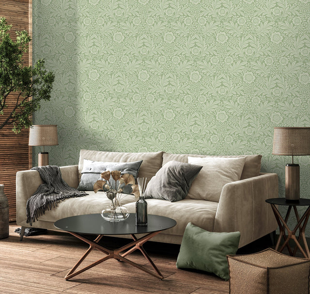Camille Sage Damask Wallpaper with Botanical Traditional Motif - Fine Decor M1744