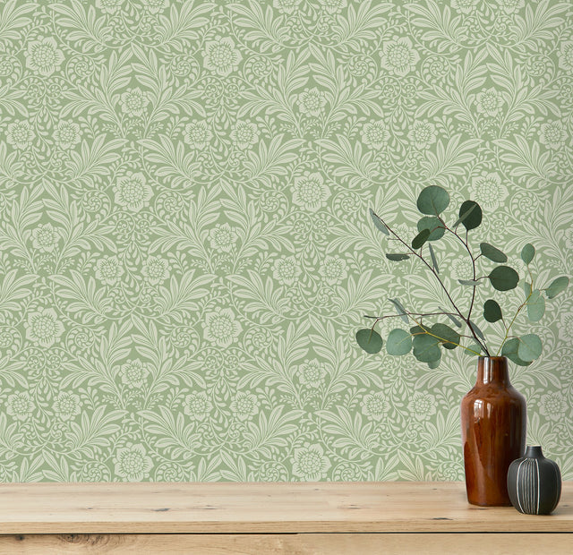 Camille Sage Damask Wallpaper with Botanical Traditional Motif - Fine Decor M1744