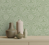 Camille Sage Damask Wallpaper with Botanical Traditional Motif - Fine Decor M1744