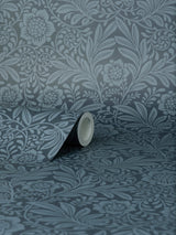 Camille Navy Damask Wallpaper with Botanical Traditional Motif - Fine Decor M1745