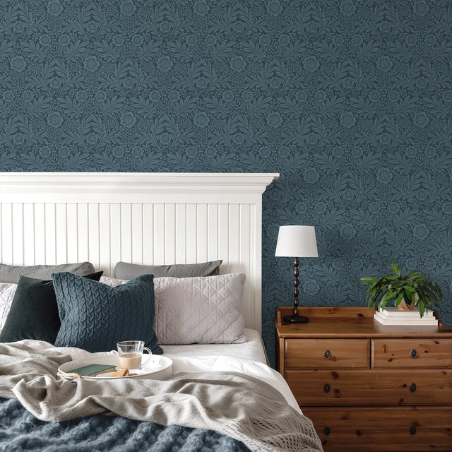 Camille Navy Damask Wallpaper with Botanical Traditional Motif - Fine Decor M1745