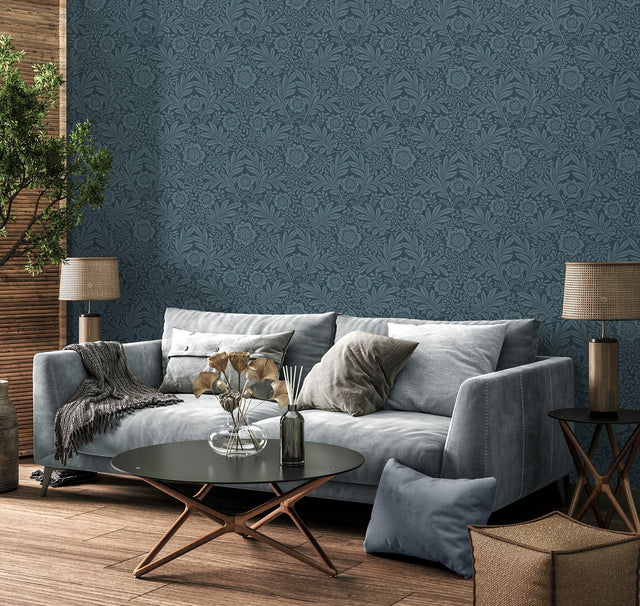 Camille Navy Damask Wallpaper with Botanical Traditional Motif - Fine Decor M1745