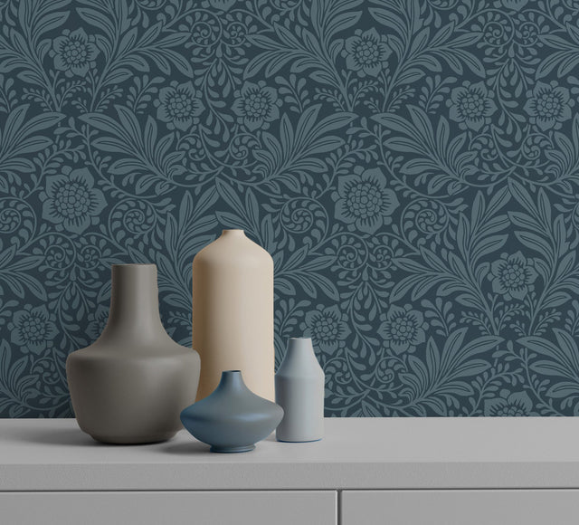 Camille Navy Damask Wallpaper with Botanical Traditional Motif - Fine Decor M1745