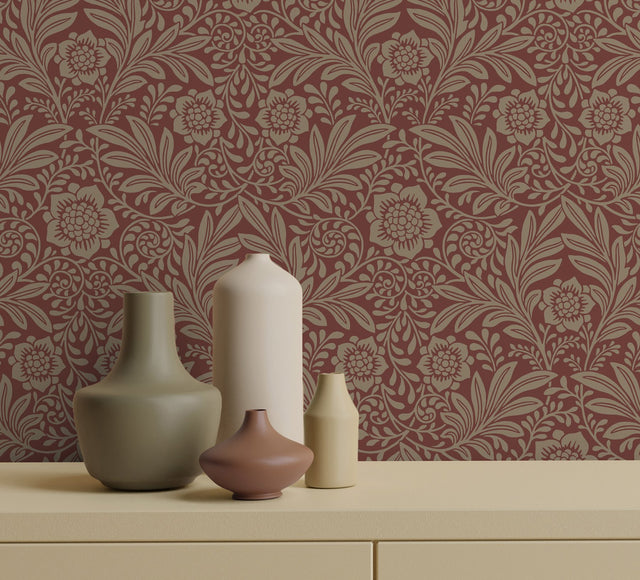 Camille Red Damask Wallpaper