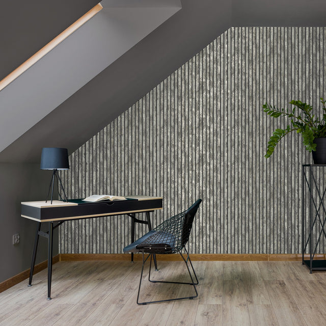 Oxidize Grey Vertical Slats Wallpaper with Wood Graphic Motif - Fine Decor M1751