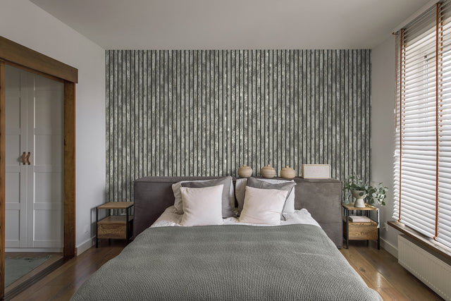 Oxidize Grey Vertical Slats Wallpaper with Wood Graphic Motif - Fine Decor M1751