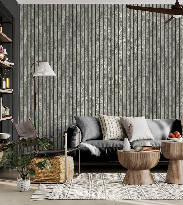 Oxidize Grey Vertical Slats Wallpaper with Wood Graphic Motif - Fine Decor M1751