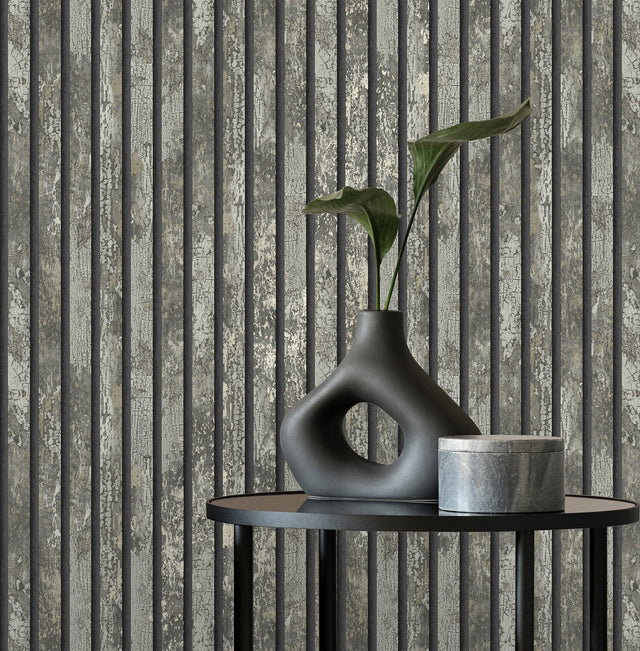 Oxidize Grey Vertical Slats Wallpaper with Wood Graphic Motif - Fine Decor M1751