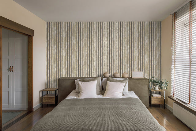 Oxidize Neutral Vertical Slats Wallpaper with Wood Graphic in Masculine Style - Fine Decor M1752