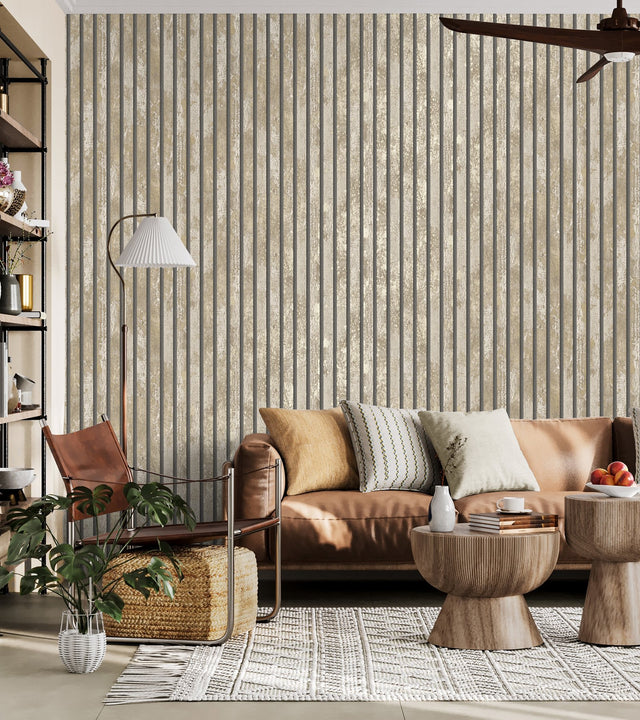 Oxidize Neutral Vertical Slats Wallpaper with Wood Graphic in Masculine Style - Fine Decor M1752