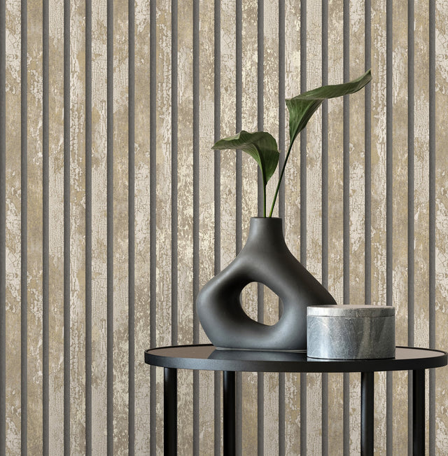 Oxidize Neutral Vertical Slats Wallpaper with Wood Graphic in Masculine Style - Fine Decor M1752