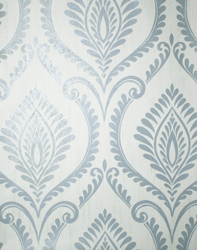 Estelle Light Blue Damask Metallic Unpasted Vinyl Wallpaper - Fine Decor M1757