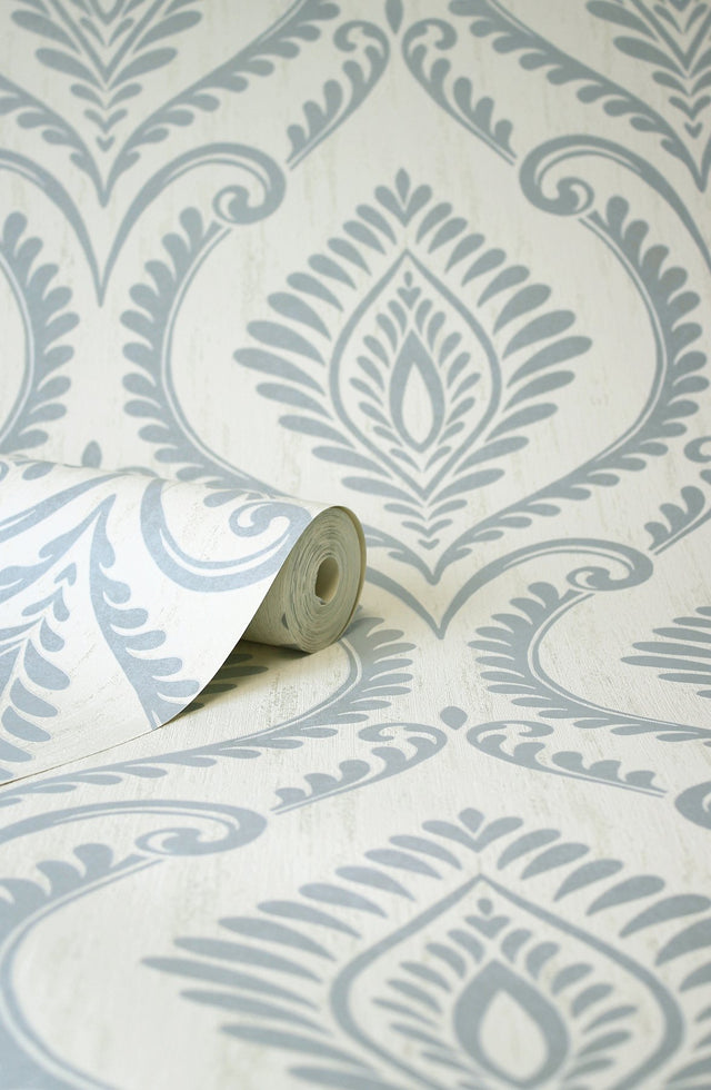 Estelle Light Blue Damask Metallic Unpasted Vinyl Wallpaper - Fine Decor M1757