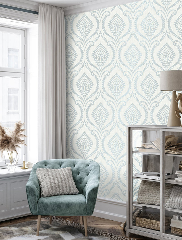 Estelle Light Blue Damask Metallic Unpasted Vinyl Wallpaper - Fine Decor M1757