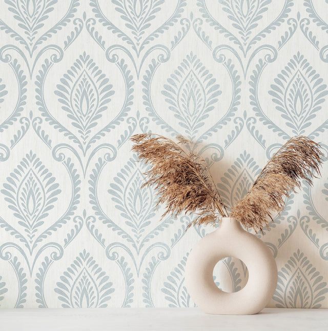 Estelle Light Blue Damask Metallic Unpasted Vinyl Wallpaper - Fine Decor M1757