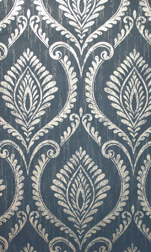 Estelle Navy Damask Wallpaper with Metallic Traditional Damask Pattern - Fine Decor M1758