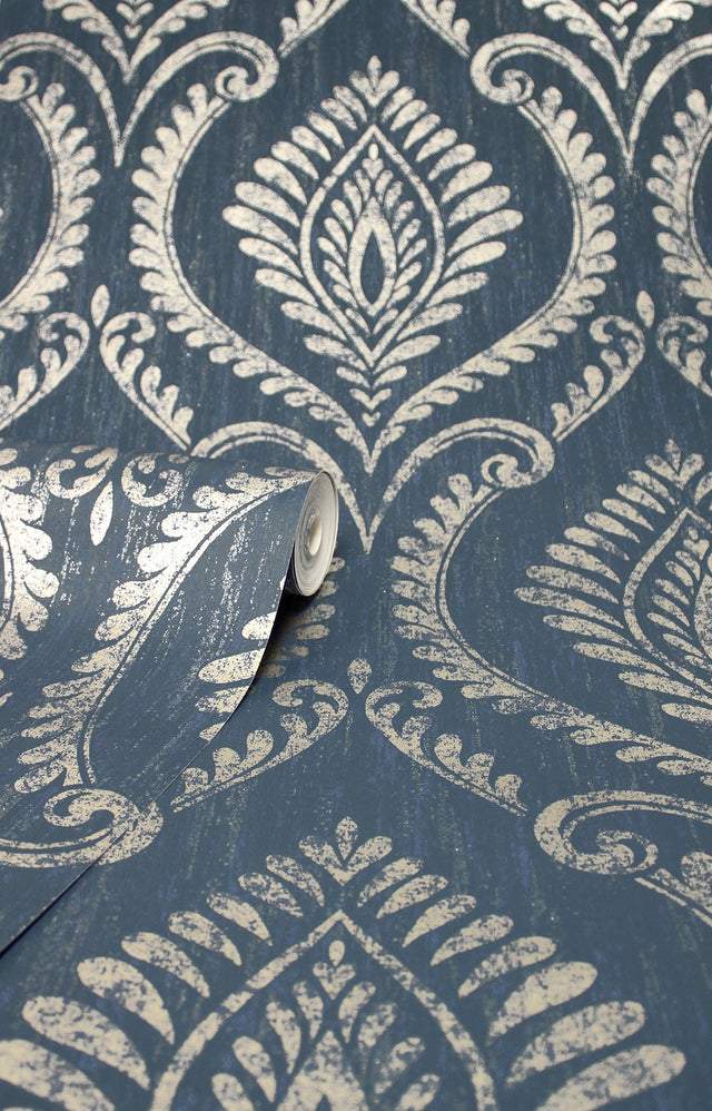 Estelle Navy Damask Wallpaper with Metallic Traditional Damask Pattern - Fine Decor M1758