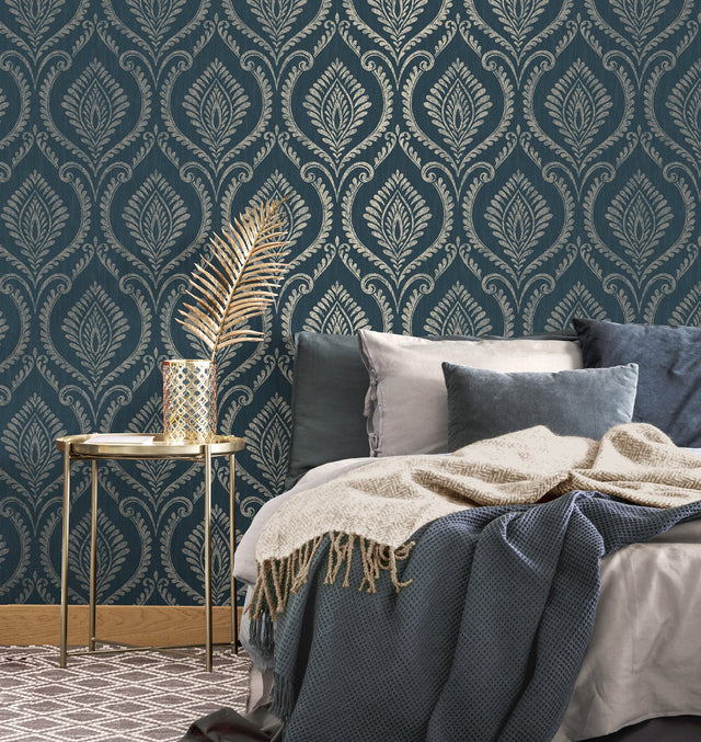 Estelle Navy Damask Wallpaper with Metallic Traditional Damask Pattern - Fine Decor M1758