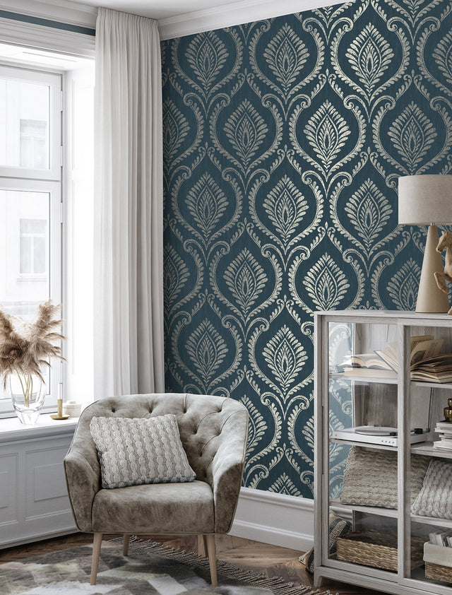 Estelle Navy Damask Wallpaper with Metallic Traditional Damask Pattern - Fine Decor M1758