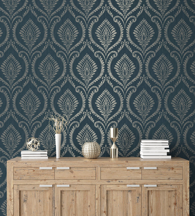 Estelle Navy Damask Wallpaper with Metallic Traditional Damask Pattern - Fine Decor M1758