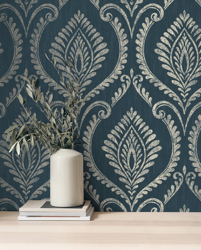 Estelle Navy Damask Wallpaper with Metallic Traditional Damask Pattern - Fine Decor M1758