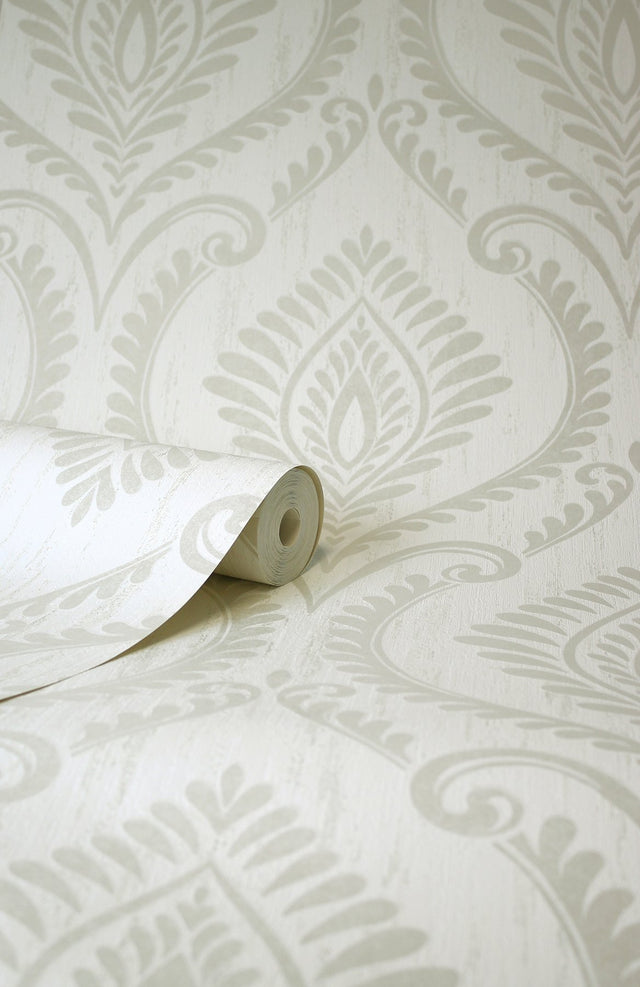 Estelle Dove Damask Wallpaper with Metallic Traditional Damask Pattern - Brewster M1759