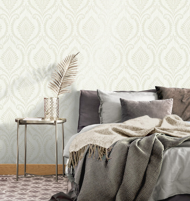 Estelle Dove Damask Wallpaper with Metallic Traditional Damask Pattern - Brewster M1759