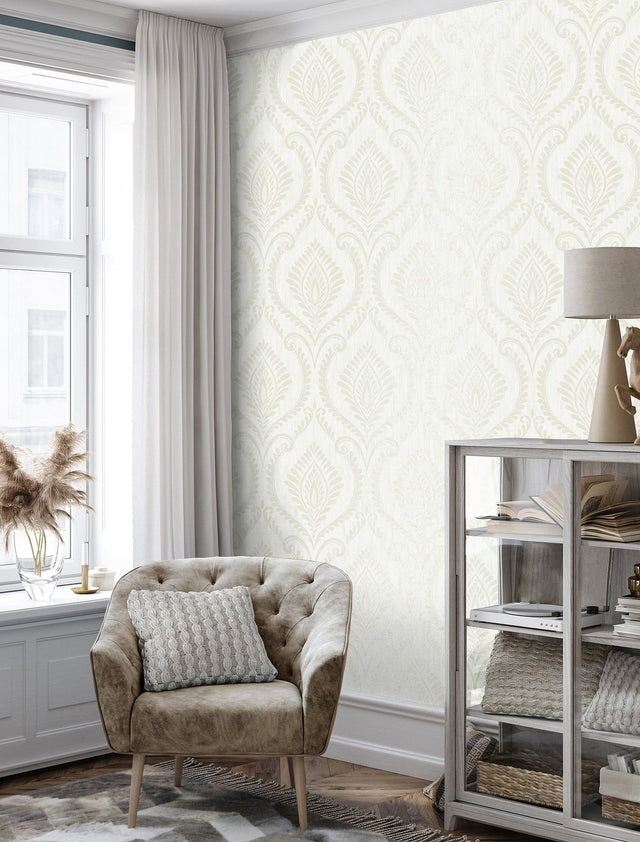 Estelle Dove Damask Wallpaper with Metallic Traditional Damask Pattern - Brewster M1759