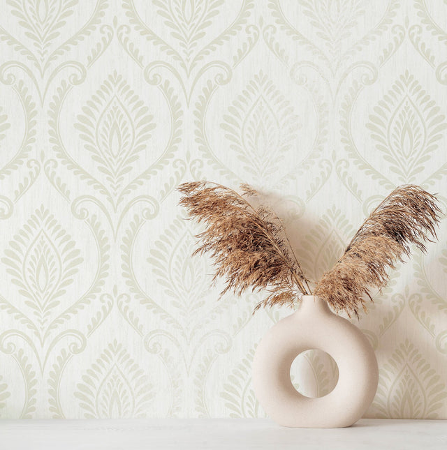 Estelle Dove Damask Wallpaper with Metallic Traditional Damask Pattern - Brewster M1759