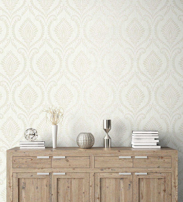 Estelle Dove Damask Wallpaper with Metallic Traditional Damask Pattern - Brewster M1759