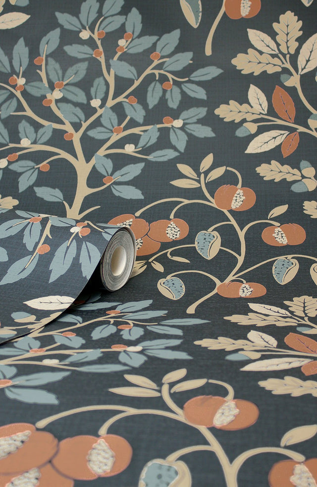 Rowan Navy Autumn Trees Wallpaper with Botanical Trees Motif - Fine Decor M1761