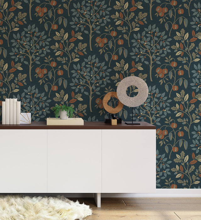Rowan Navy Autumn Trees Wallpaper with Botanical Trees Motif - Fine Decor M1761
