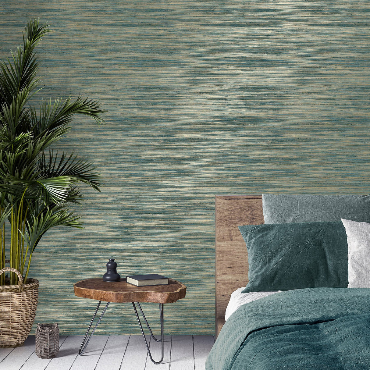 Fusion Teal Faux Grasscloth Modern Wallpaper - Fine Decor M1768