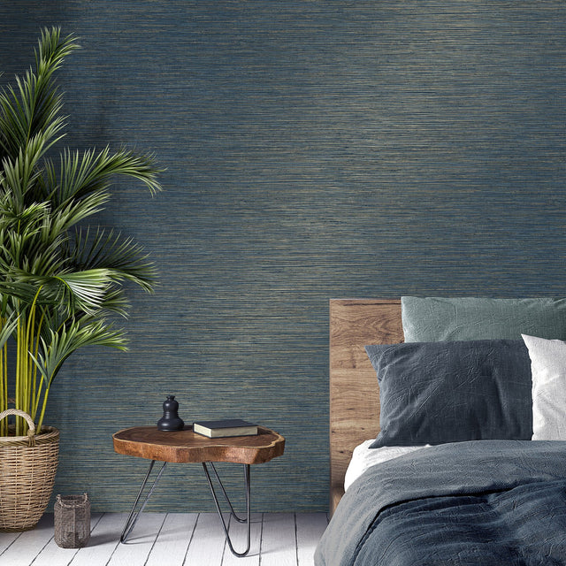 Fusion Navy Faux Grasscloth Modern Wallpaper - Fine Decor M1769