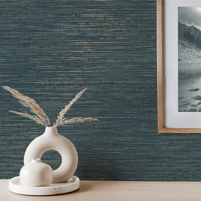 Fusion Navy Faux Grasscloth Modern Wallpaper - Fine Decor M1769