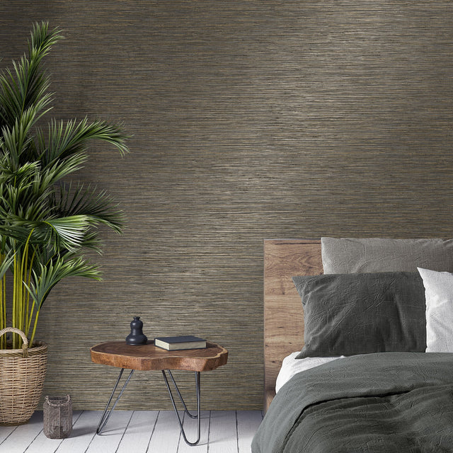 Fusion Charcoal Faux Grasscloth Modern Wallpaper - Fine Decor M1770