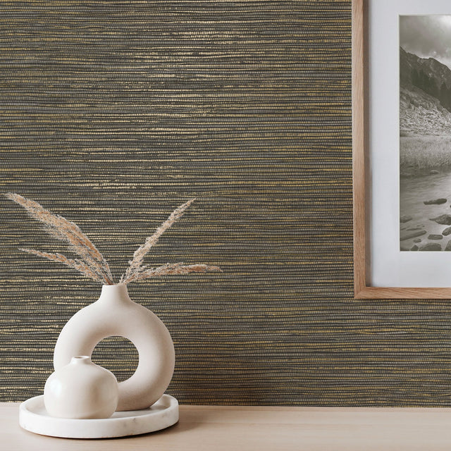 Fusion Charcoal Faux Grasscloth Modern Wallpaper - Fine Decor M1770