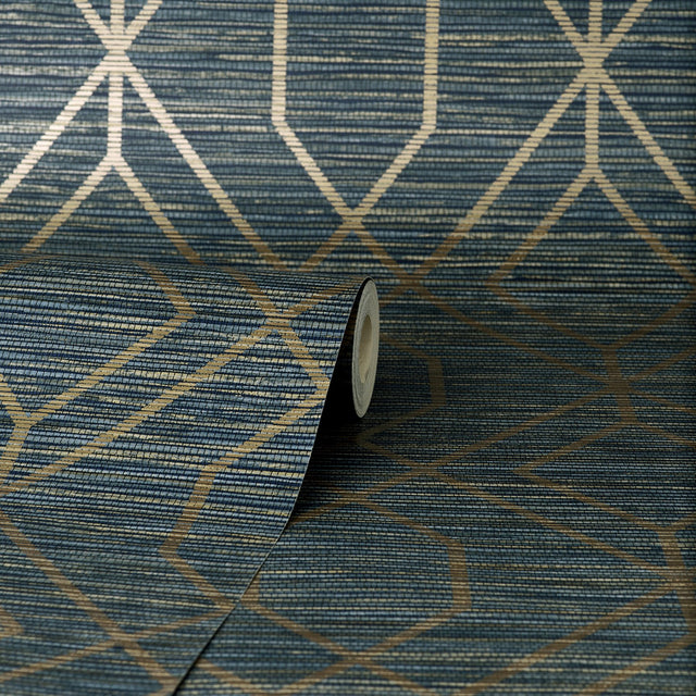 Fusion Navy Trellis Wallpaper with Art Deco Diamond Geometric Pattern - Fine Decor M1774