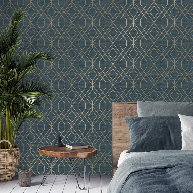 Fusion Navy Trellis Wallpaper with Art Deco Diamond Geometric Pattern - Fine Decor M1774