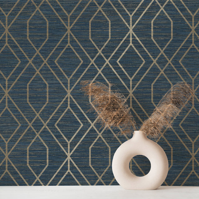 Fusion Navy Trellis Wallpaper with Art Deco Diamond Geometric Pattern - Fine Decor M1774