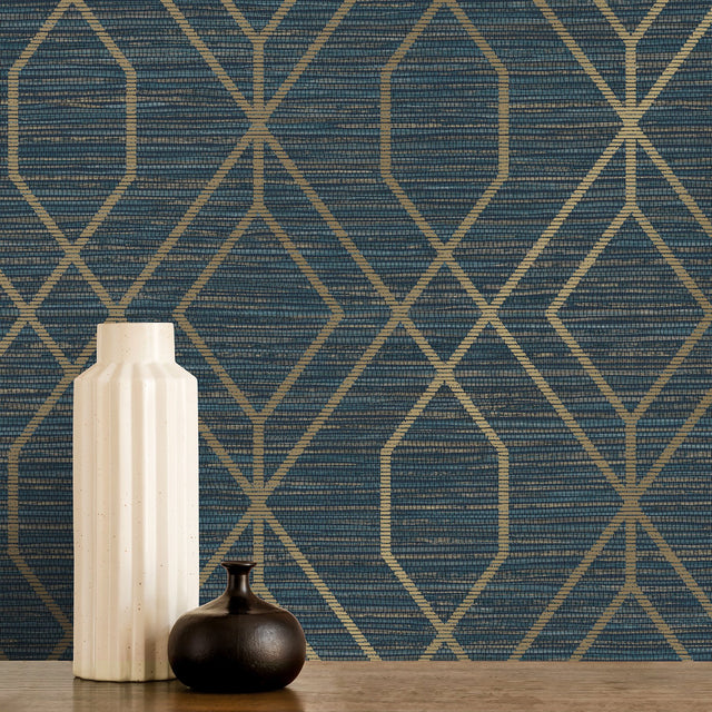 Fusion Navy Trellis Wallpaper with Art Deco Diamond Geometric Pattern - Fine Decor M1774