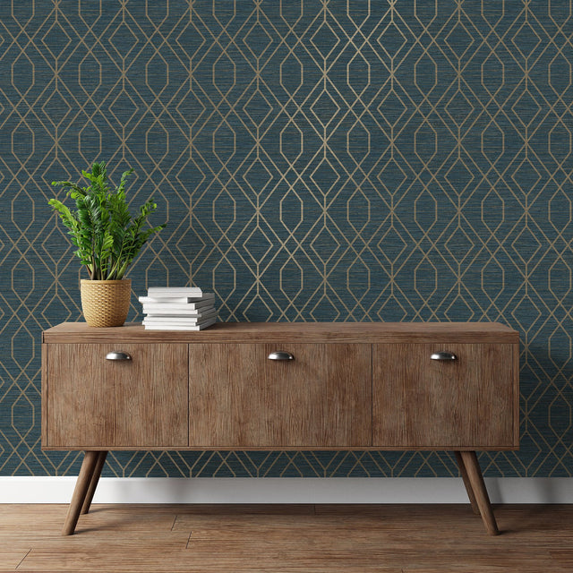 Fusion Navy Trellis Wallpaper with Art Deco Diamond Geometric Pattern - Fine Decor M1774