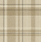 Fine Decor Harris Light Brown Plaid Chevron Wallpaper sample showing light brown plaid with chevron weave