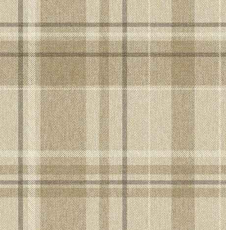 Fine Decor Harris Light Brown Plaid Chevron Wallpaper sample showing light brown plaid with chevron weave