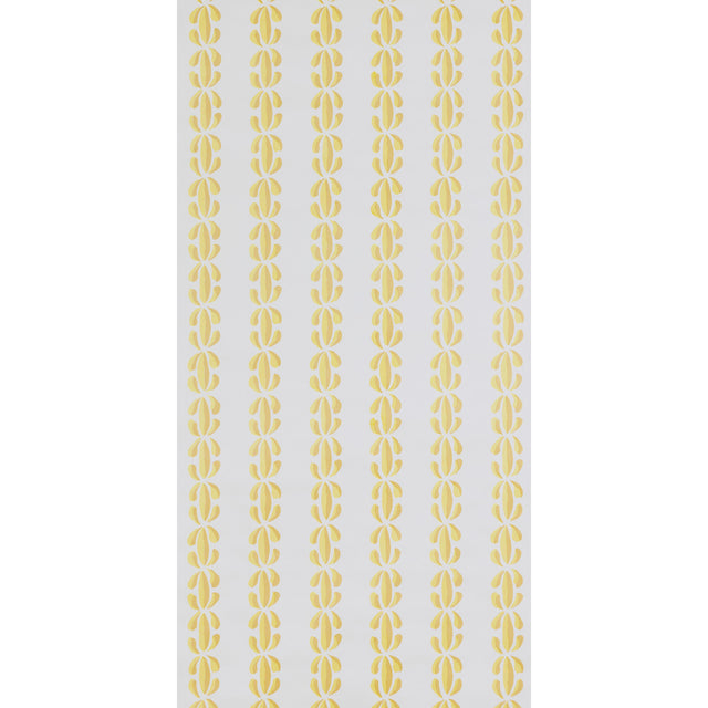 PASCAL wallpaper in Sulphur by Raoul Textiles for Schumacher, featuring a hand-printed yellow geometric pattern on white background.