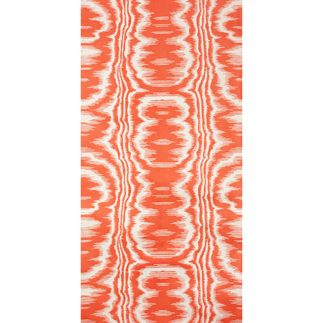AMORE PIMENTO wallpaper by Raoul Textiles for Schumacher, hand-printed Japanese pulp paper in vibrant orange and white ikat pattern.